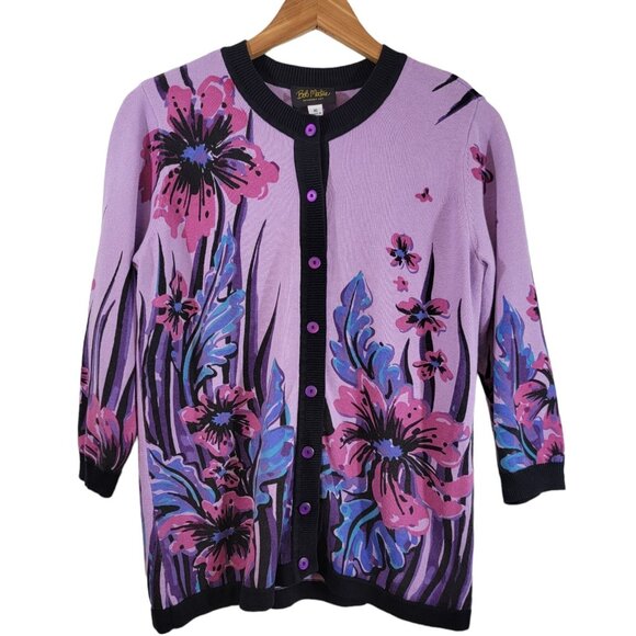 Bob Mackie Wearable Art Cardigan Womens XS Purple Floral 3/4 Sleeve Cotton Blend - Picture 1 of 6